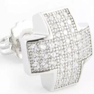 Sterling Silver Rhodium CZ Stone Cross Men's Stud Earrings